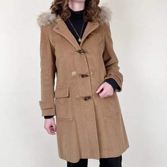 Vintage 100% Cashmere Fur Hood Duffle Jacket Peacoat Toggle Long Winter Pea Coat - Picture 11 of 11